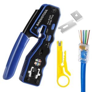 RJ45 Crimp Tool Kit, Crimper Stripper Cutter All-in-One, RJ45 Pass Through Connector for CAT6 Crimping Tool Kit